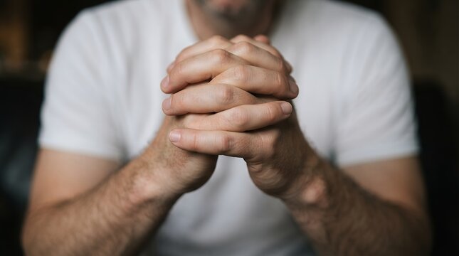 Clasped hands of man in prayer, close up of male hands folded in hope and meditation, spiritual gesture of faith and contemplation