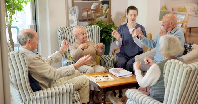 Caregiver, stretching and people on retirement for fitness, mobility and coordination for memory. Smile, nurse or senior group at nursing home with muscle exercise, brain stimulation and interaction
