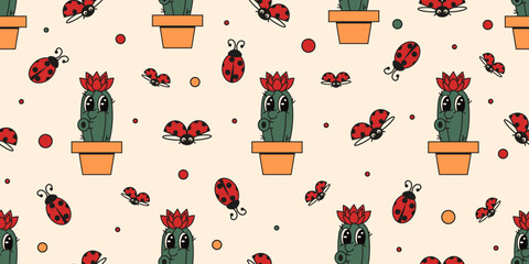 Summer Seamless Pattern. Vector illustration of fun Mexican Cactus ladybug Seamless Pattern isolated beige background. Kids wallpaper romm wall cover. EPS 10 © Svetlana