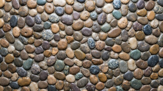 Natural river pebble stone wall texture, smooth multi-colored round rock background, organic earthy stone mosaic for interior design and landscaping