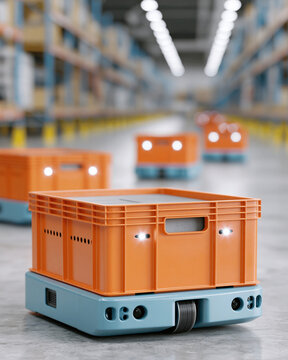 Bright orange crates glide silently through warehouse aisles. Robotic carts move with precision, guided by advanced technology. Rows of shelves stretch into blurred distance under fluorescent lights