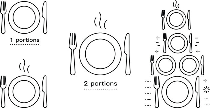 Food portion control size guide plate fork and knife line art vector illustration icon set dining icon