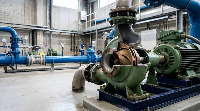 industrial centrifugal water pump cutaway revealing impeller volute casing shaft seal and fluid flow path