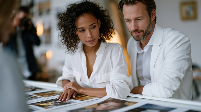 Commercial modeling agency director reviewing December lookbook contact sheets with a photographer in a bright studio, editorial selection process, prints spread on light table,