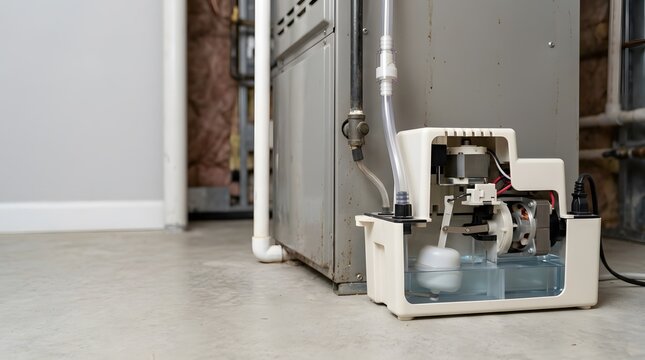 residential condensate pump cutaway revealing collection reservoir float switch electric motor and drainage system