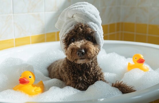 Cute Dog Taking Bubble Bath with Ducks Small curly dog wrapped in a towel sits in a foamy bathtub with yellow rubber ducks, creating a playful pet spa scene.