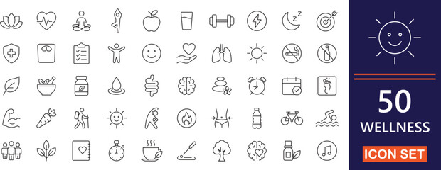 Wellness line icon set for mindfulness, meditation, sleep, health, relaxation, fitness, self care and more  icon . © suraiya