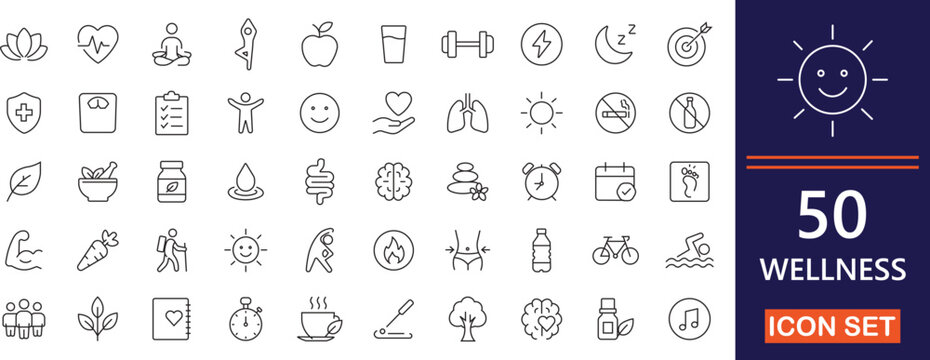 Wellness line icon set for mindfulness, meditation, sleep, health, relaxation, fitness, self care and more  icon .
