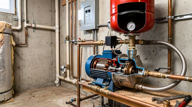 residential water pressure booster pump cutaway revealing impeller motor pressure controls and plumbing system