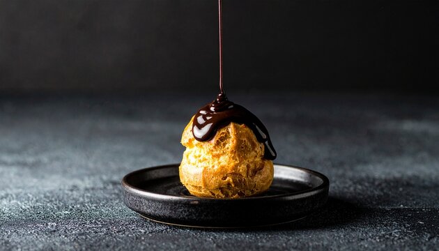 single profiterole with chocolate sauce drizzle on dark plate
