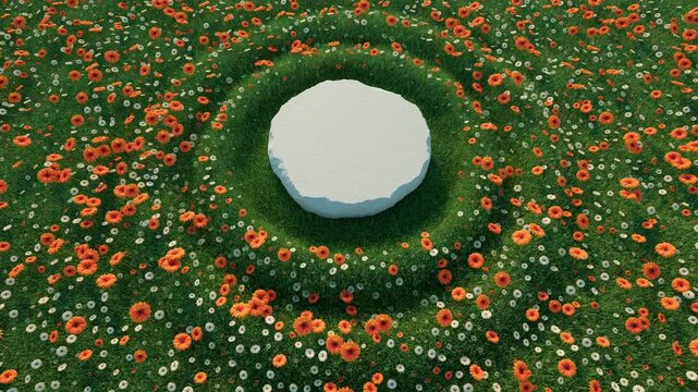 3D animation of green grass and orange flowers with concentric waves. Eco-friendly natural pedestal for cosmetic presentation. 3d rendering not AI