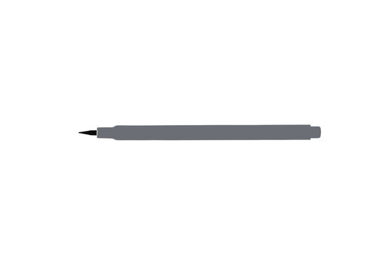 Flat of a grey technical pen or fine liner marker, isolated on a plain white background, side view of a writing instrument with a black felt tip