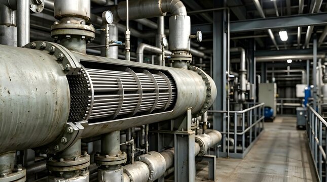 industrial shell and tube heat exchanger cutaway revealing internal tube bundle for thermal transfer system