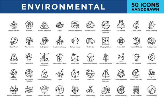 Environmental icons set with melting ice caps, acid rain, wildfire prevention, smog, waste management, carbon neutral, environmental advocacy, eco activism icon. Simple hand drawn vector 