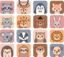 Fototapeta premium Cute cartoon animal avatar icon vector set inside pastel square frames featuring raccoon deer penguin fox cat squirrel bear bunny koala owl lion dog