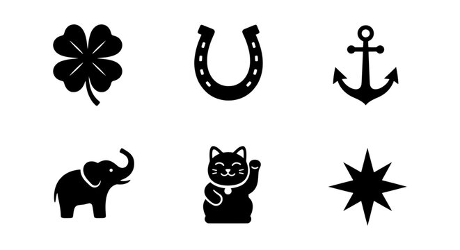 Lucky Charms Vector Icon Set, Good Fortune Symbols, Black Silhouette Graphics for Success