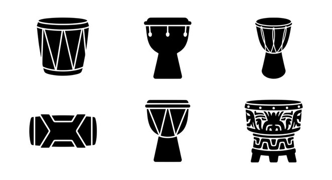 Percussion Drum Set, African Drums, Musical Instruments, Black Silhouette Vector Collection