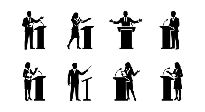 Public Speaking Silhouettes, Orator Podium Presentation, Speaker Icon Set, Business Communication Vector