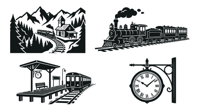 Vintage Train And Station Scene Black And White Vector Illustration