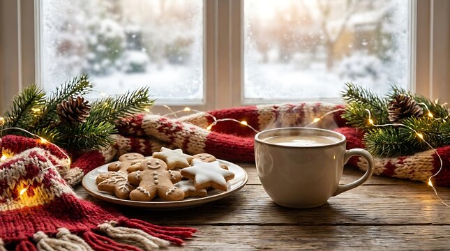 Cozy winter morning scene with gingerbread cookies and hot coffee by frost window and red knit blanket.