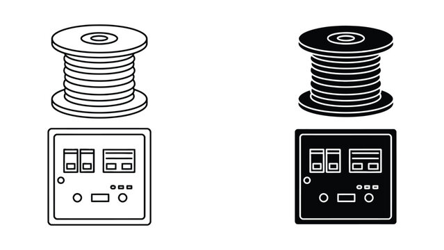 Electrical wire spool and wall switch socket vector icon set
