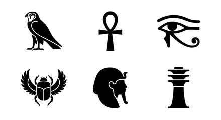 Fototapeta premium Ancient Egyptian Symbols Vector Icons: Ankh, Eye of Horus, Scarab, Falcon, Pharaoh, Obelisk