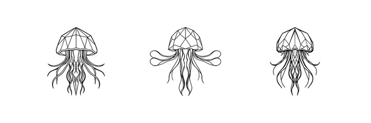 Geometric jellyfish set with symmetrical line art design featuring polygonal, modern, deep sea with illustration and vector © Md