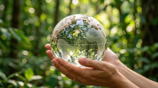 Hands holding a glass earth globe showing South America in a green forest under soft light