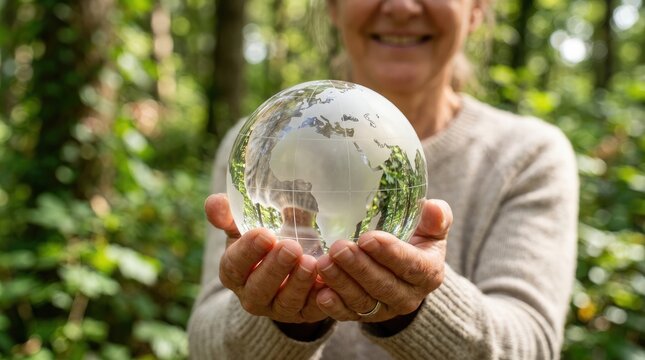 Smiling senior woman holding a glass globe in forest for World Ozone Day concept