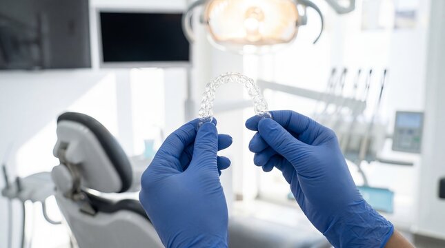Clear aligner orthodontic tray dentist hands transparent retainer dental clinic showing teeth straightening appliance concept for smile correction marketing patient education and modern orthodontics