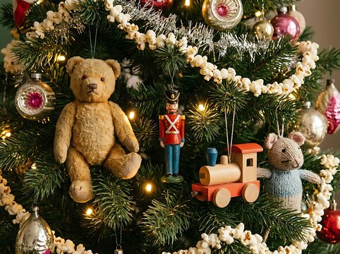 Traditional christmas tree decorated with teddy bear wooden train nutcracker and popcorn string garland.