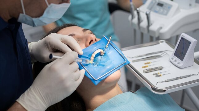 Root canal treatment dental dam endodontic dentist patient mouth procedure showing isolated tooth and instruments concept for clinic education pain relief marketing and restorative oral care