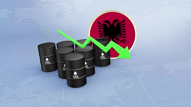 Albania Crude Oil Price Decline with Oil Barrels and Downward Green Arrow