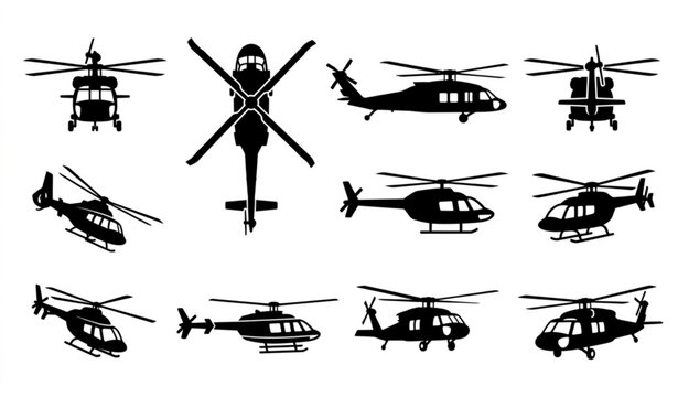 Eight Black Helicopter Graphic Icons with Front Side and Top Views Vector Illustration