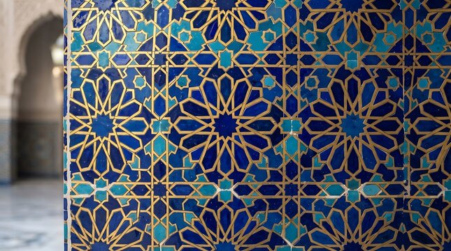 Moroccan zellige tile pattern in vibrant blue and white. Handcrafted Islamic mosaic art for interior design and decor.