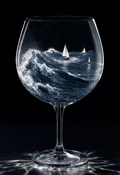 A wine glass filled with a turbulent ocean scene at night