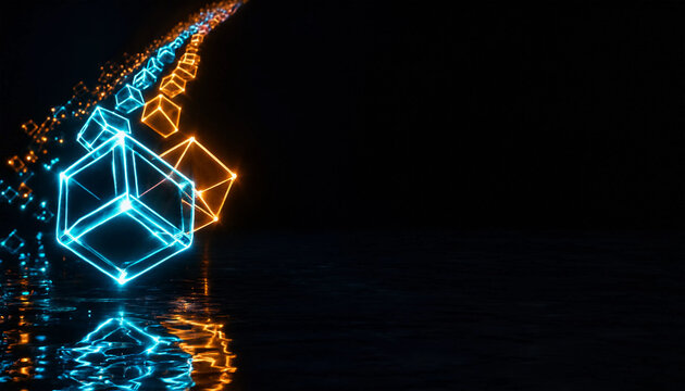 A futuristic neon-lit geometric shape floats on water at night
