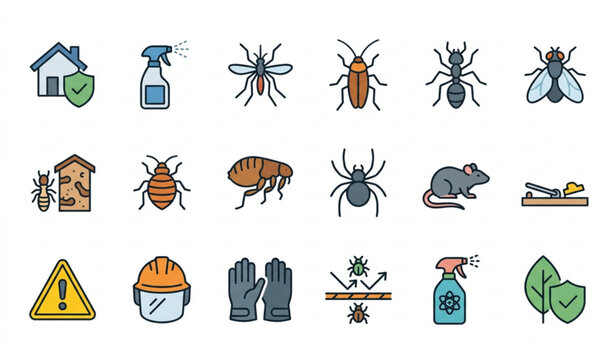 Professional Pest Control Icon Set with Home Protection and Insect Repellent Symbols Vector Illustration