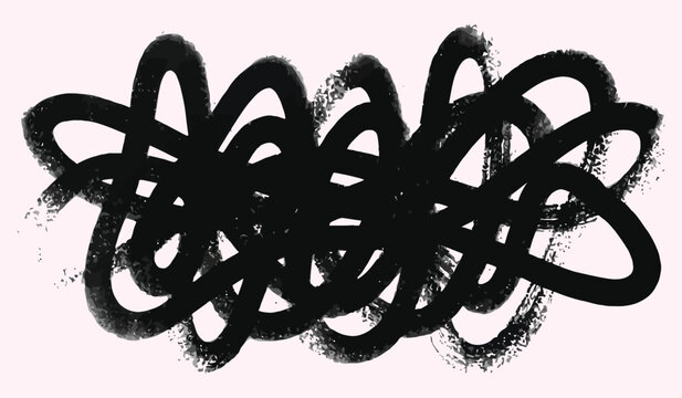 Black abstract scribble brush stroke on a soft pink background with a textured artistic concept