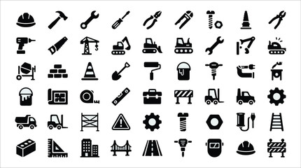 Set of construction, building tools, and heavy machinery black glyph icons isolated on white background. Vector illustration of architecture, engineering, repair equipment, and industrial site symbols © fatime