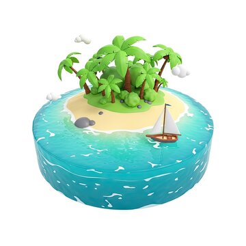 Miniature Tropical Island with Palm Trees and Sailboat on Blue Water.