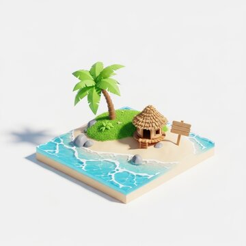 Miniature Tropical Island with Palm Tree and Hut on White Background.