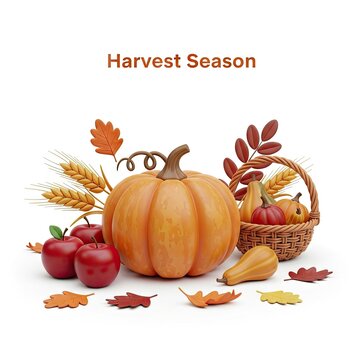 Autumn Harvest Still Life with Pumpkin, Apples, Pears, and Wheat on White Background.