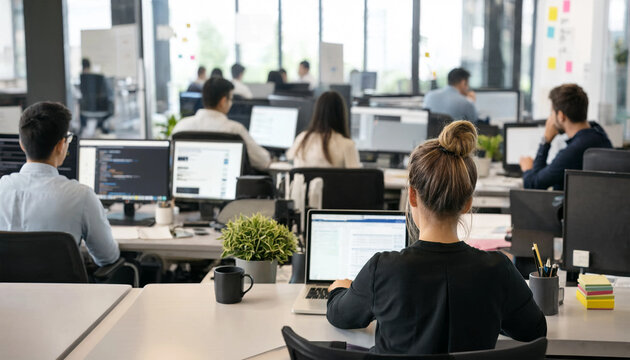A group of people working together in a modern office space with computers