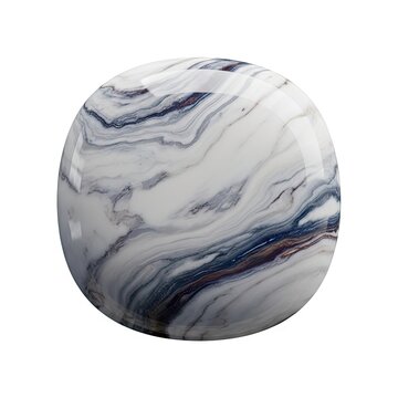 Abstract Marble Sphere with Swirling Blue and Grey Veins on White Background.