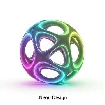 Vibrant Neon Abstract Sphere with Geometric Holes on White Background.