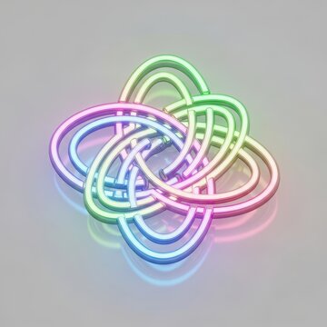 Colorful Celtic Knot with Rainbow Neon Glow on a Light Gray Background.