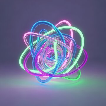 Abstract Neon Light Sphere with Intertwined Glowing Tubes on a Gradient Background.