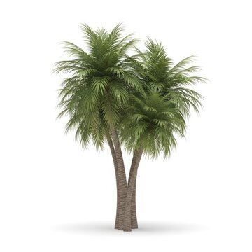 Lush Green Palm Tree with Multiple Trunks Isolated on White Background.