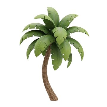 Lush Green Palm Tree with Curved Trunk Isolated on White Background.